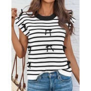 Women's Striped Bow Top Cap Sleeves
