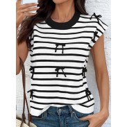Women's Striped Bow Top Cap Sleeves