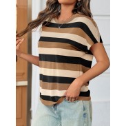 Women's striped khaki short-sleeved